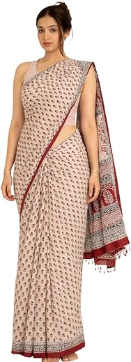 Femori Women's Elegant Linen Floral Printed Saree with Designer Pallu | Stylish Off-White &amp; Red Casual, Office &amp; Festival ...