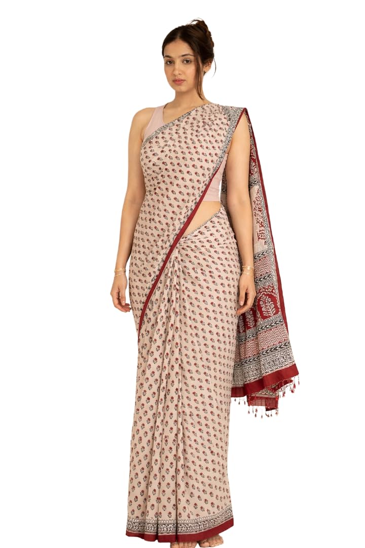 Femori Women's Elegant Linen Floral Printed Saree with Designer Pallu | Stylish Off-White & Red Casual, Office & Festival ... - Review, Price and Buying Guide