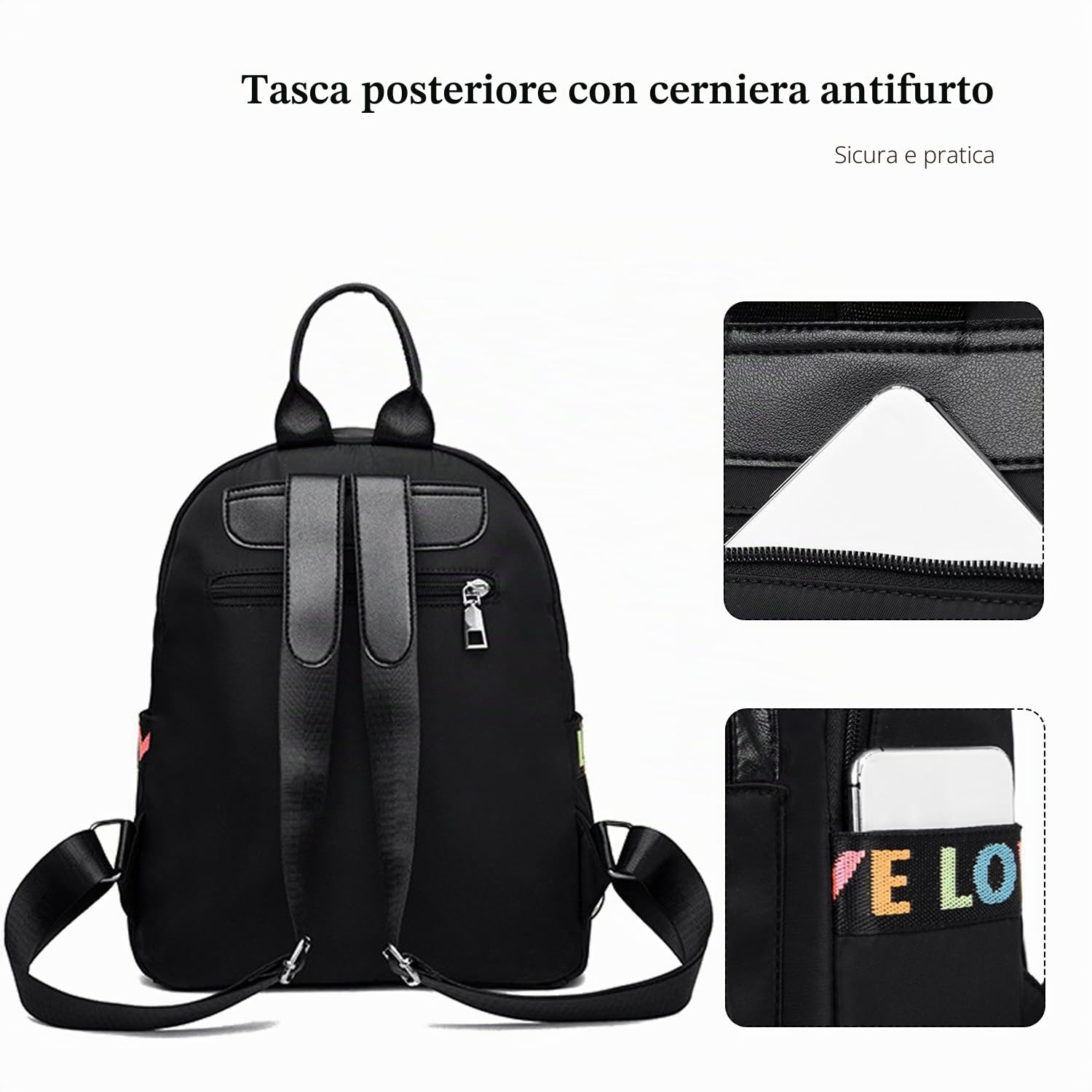 FANDARE Zaino Nero per Donna, Zaino Leggero Impermeabile per Scuola o Università, Zainetto Giornaliero per Viaggi, College e Lavoro