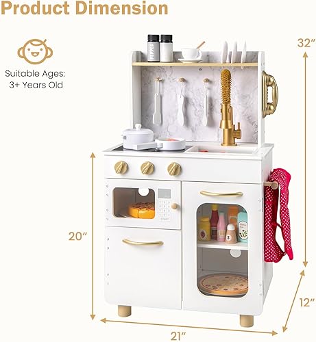 Miniatura 8 de INFANS Juego de cocina para niños, juego de cocina de madera para niños pequeños con estufa de teléfono, gabinete de almacenamiento de microondas,