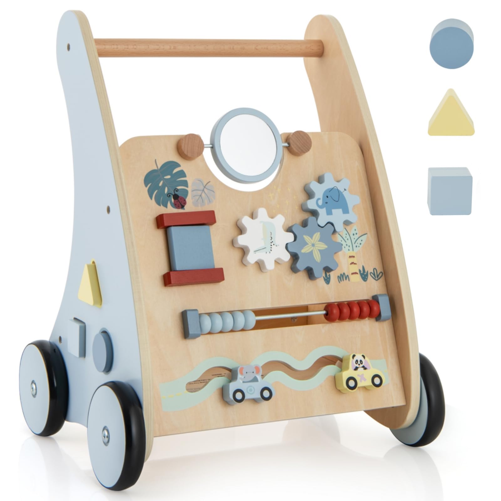 GYMAXWooden Baby Walker, 7-in-1 Toddler First Step Activity Interactive Push Along Toy with Handle & Smooth Rubber Wheels, Sit-to-Stand Learning Walker for Girls & Boys (Blue+Natural)