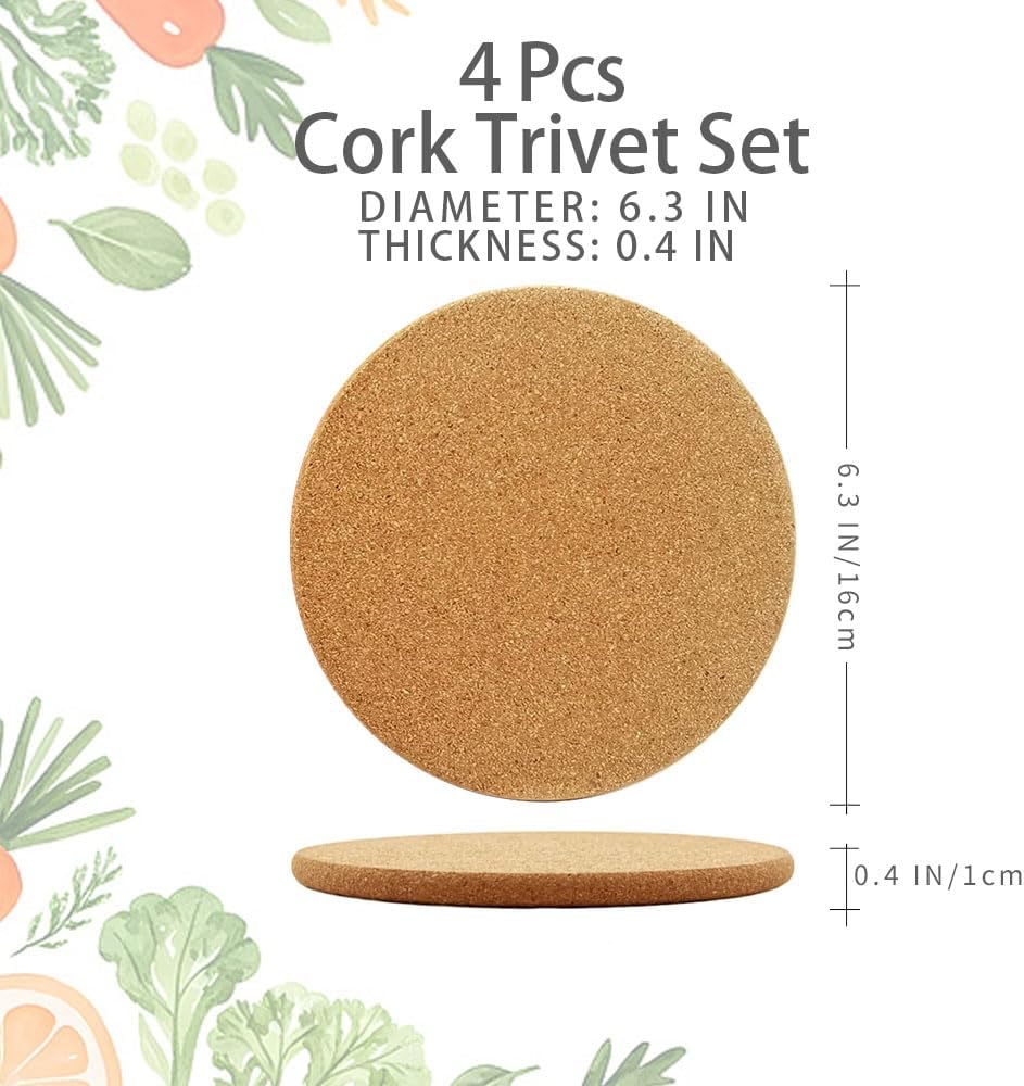4 Pcs Cork Trivets for Hot Dishes,Placemats Hot Pads for Kitchen Table & Countertop,Heat Resistant Multifunctional Cork Board (6.3inch)