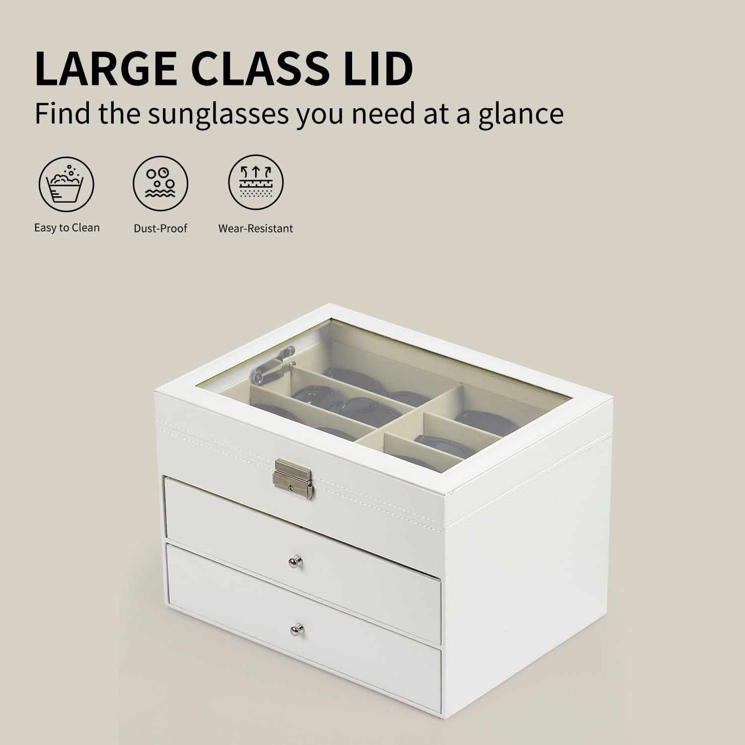AUTOARK Organizer per occhiali da vista e da sole,in pelle,con serratura,24 pezzi,Bianco,AW-172