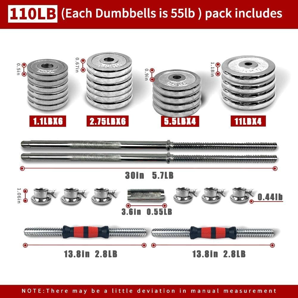 Adjustable Dumbbell Set 44lb/66lb/110lb Home Weight Lifting Professional Dumbbell for Body Workout Home Gym with Carrying Bag Silver
