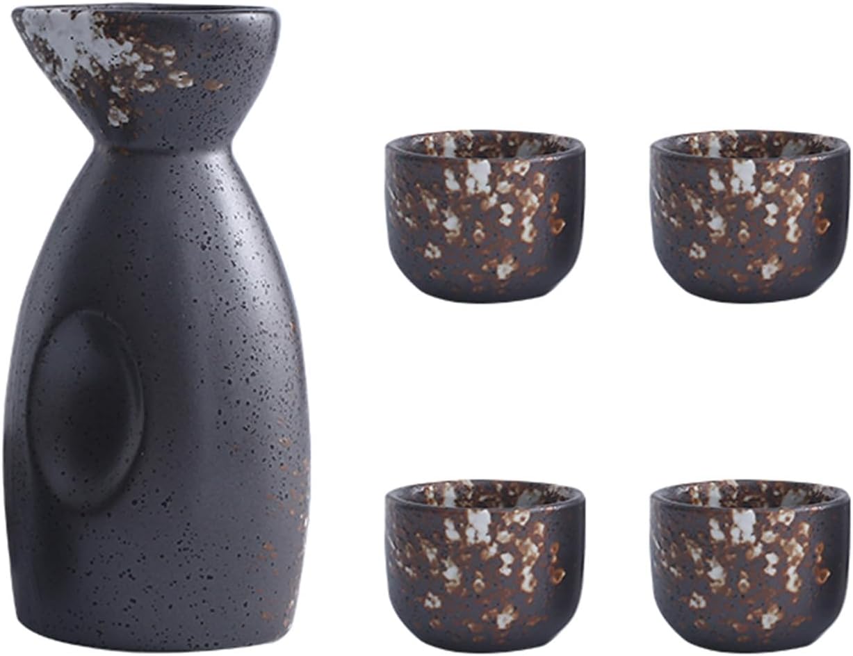 5 Piece Small Ceramic,Traditional Japanese Sake Cup Set, Hand Painted Design Porcelain Pottery Ceramic Wine Glasses,with 4 Sake Cups,1 Sake Pot Black