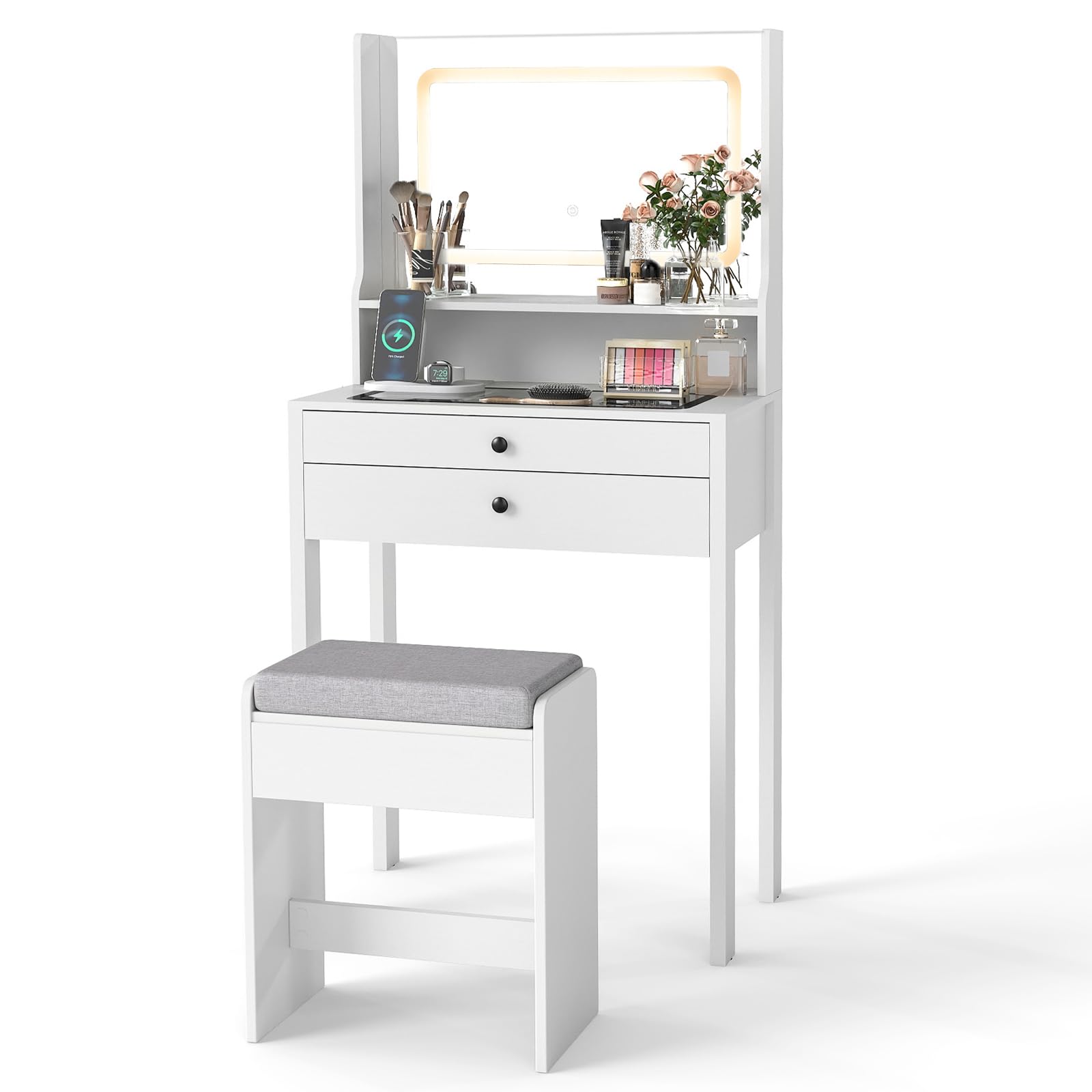 COSTWAY Small Dressing Table with Adjustable 3-Color LED Lights Mirror and Stool, 64cm Compact Bedroom Makeup Table Vanity Desk with Charging Station, Tempered Glass Top, Shelf & 2 Drawers (White)