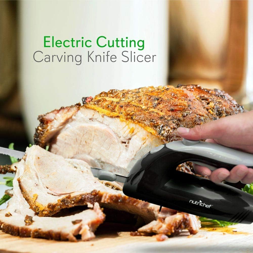 Upgraded Premium NutriChef Electric Knife - 8.9" Carving Knife, Serrated Blades, Lightweight, Ergonomic Design Easy Grip, Easy Blade Removal, Great For Thanksgiving, Meat & Cheese, Black: Home & Kitchen