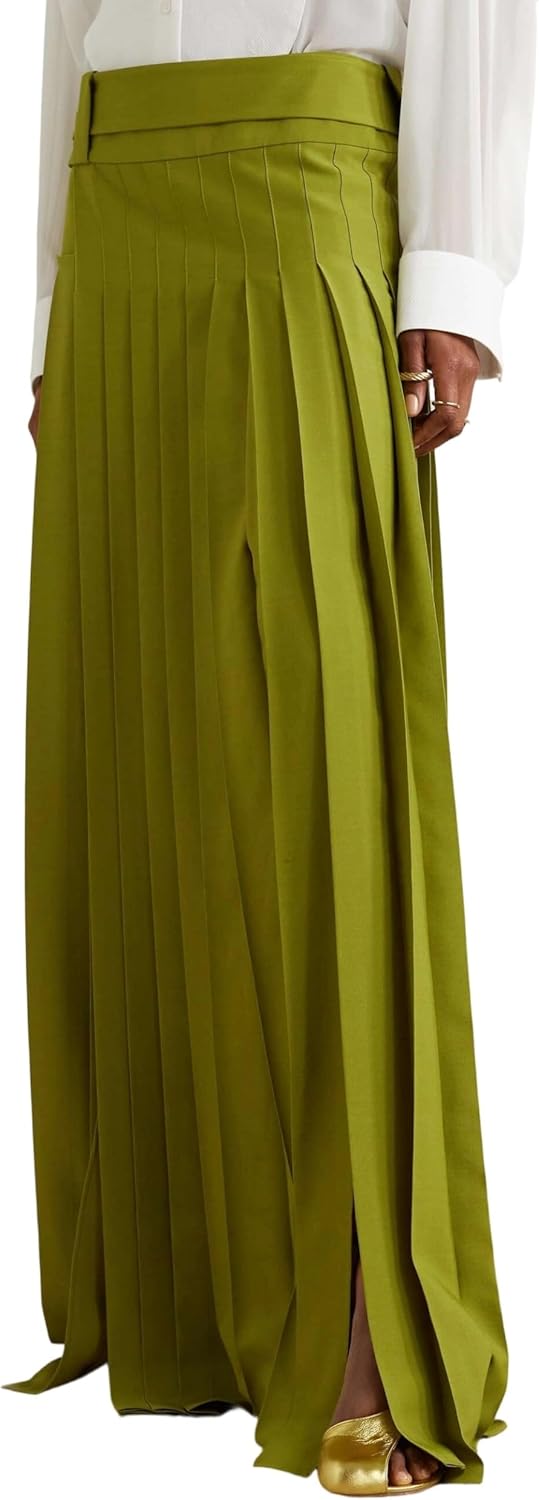 oshoplive Pleated Maxi Skirt for Women High Waisted H line Long Flowy Skirt with Slit Floor Length Loose Fit Elegant Retro