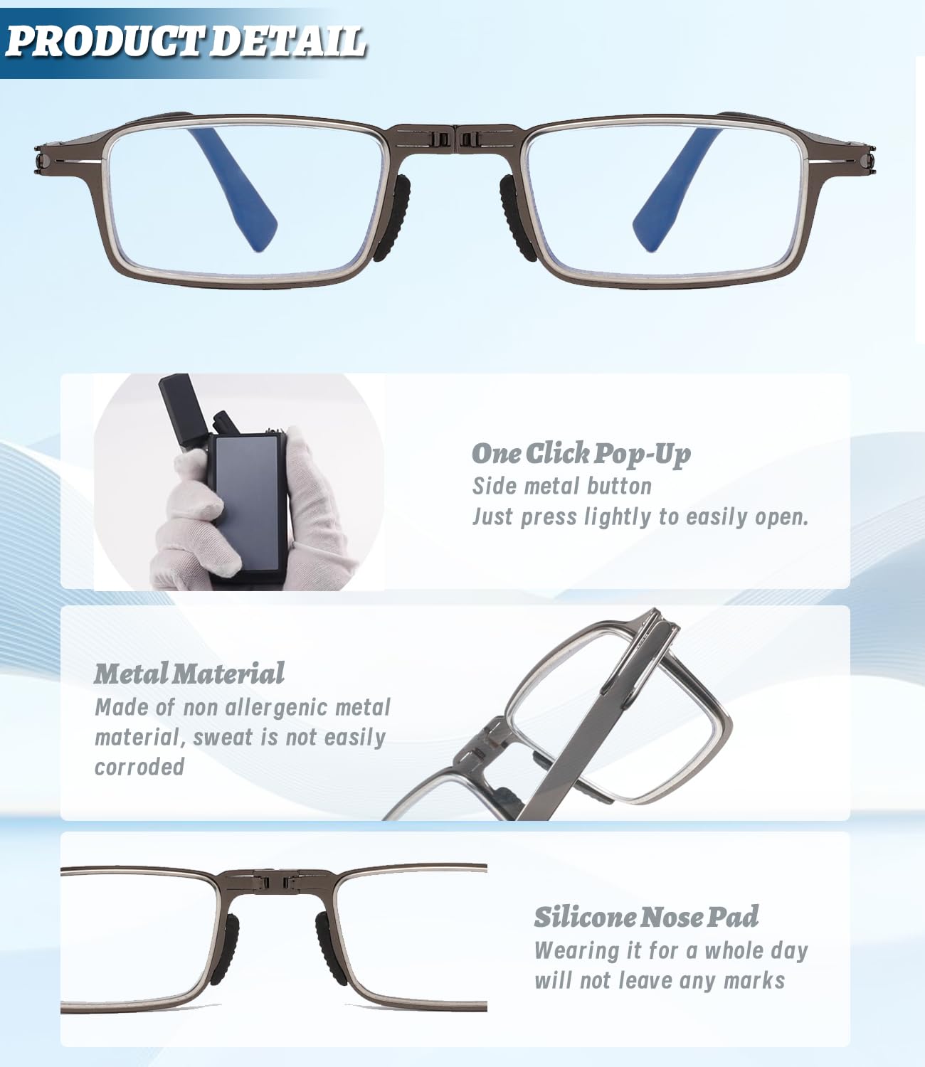 Hubeye Gafas de lectura plegables de metal para hombres y mujeres con bisagras de resorte Anteojos de lectura anti luz azul con estuche de metal portátil