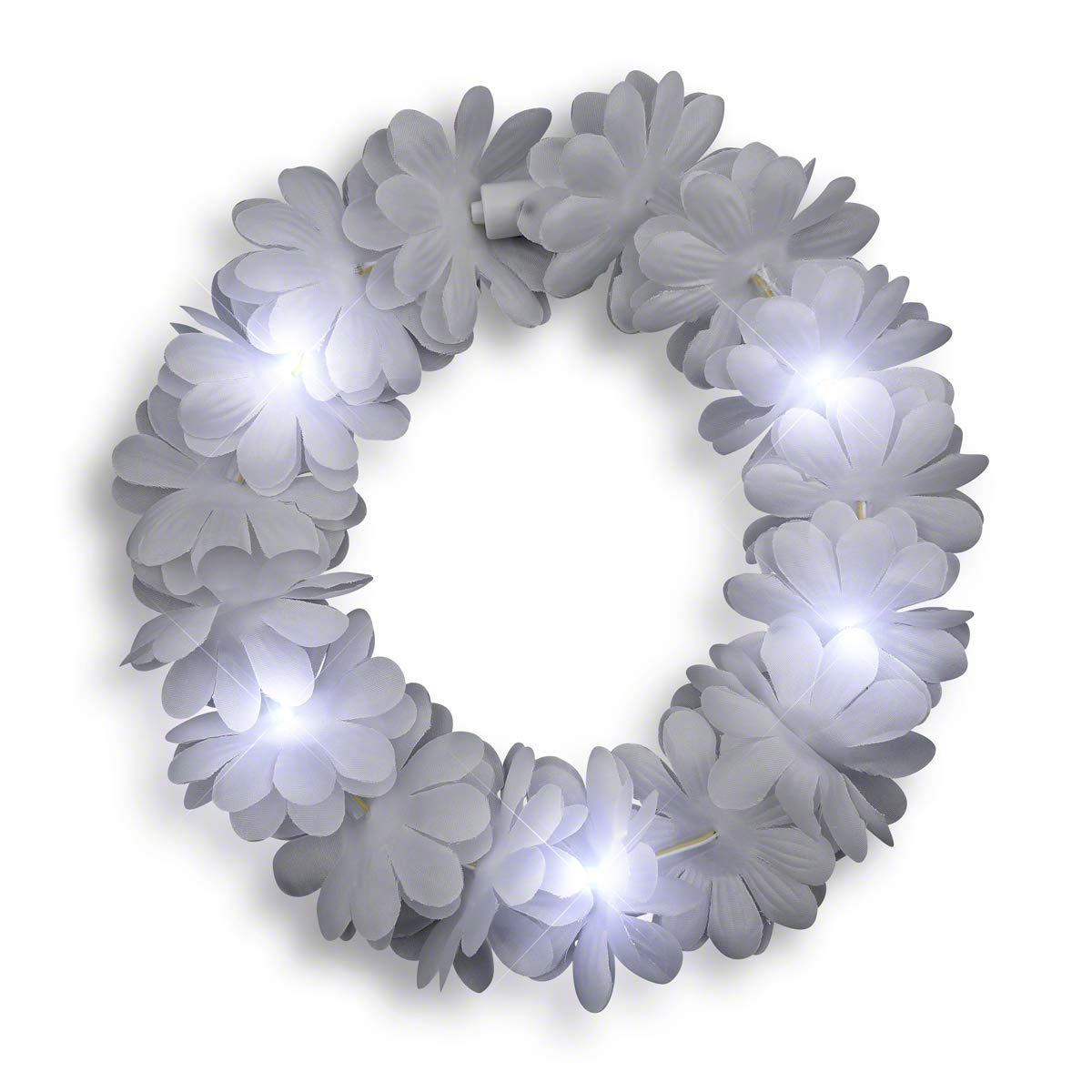 FlashingBlinkyLights Set of 12 White LED Hawaiian Lei Floral Headband Light Up Flower Crown