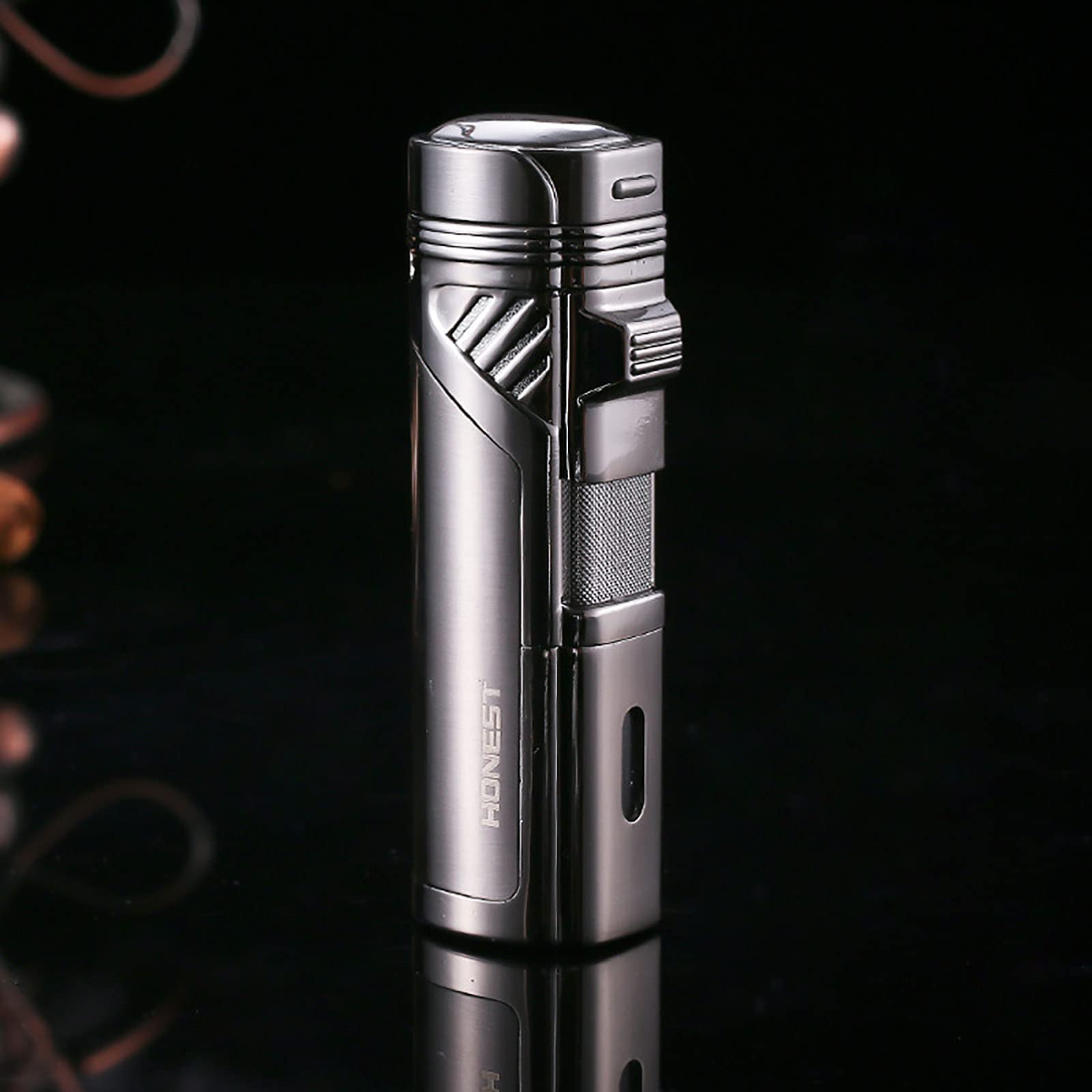 Jet Torch Encendedor Recargable Butano 4 Encendedor de Llama Rosa A Prueba de Viento con Taladro de Cigarro Ventana de Gas Visible Sin Combustible,Black,82 * 29 * 23mm