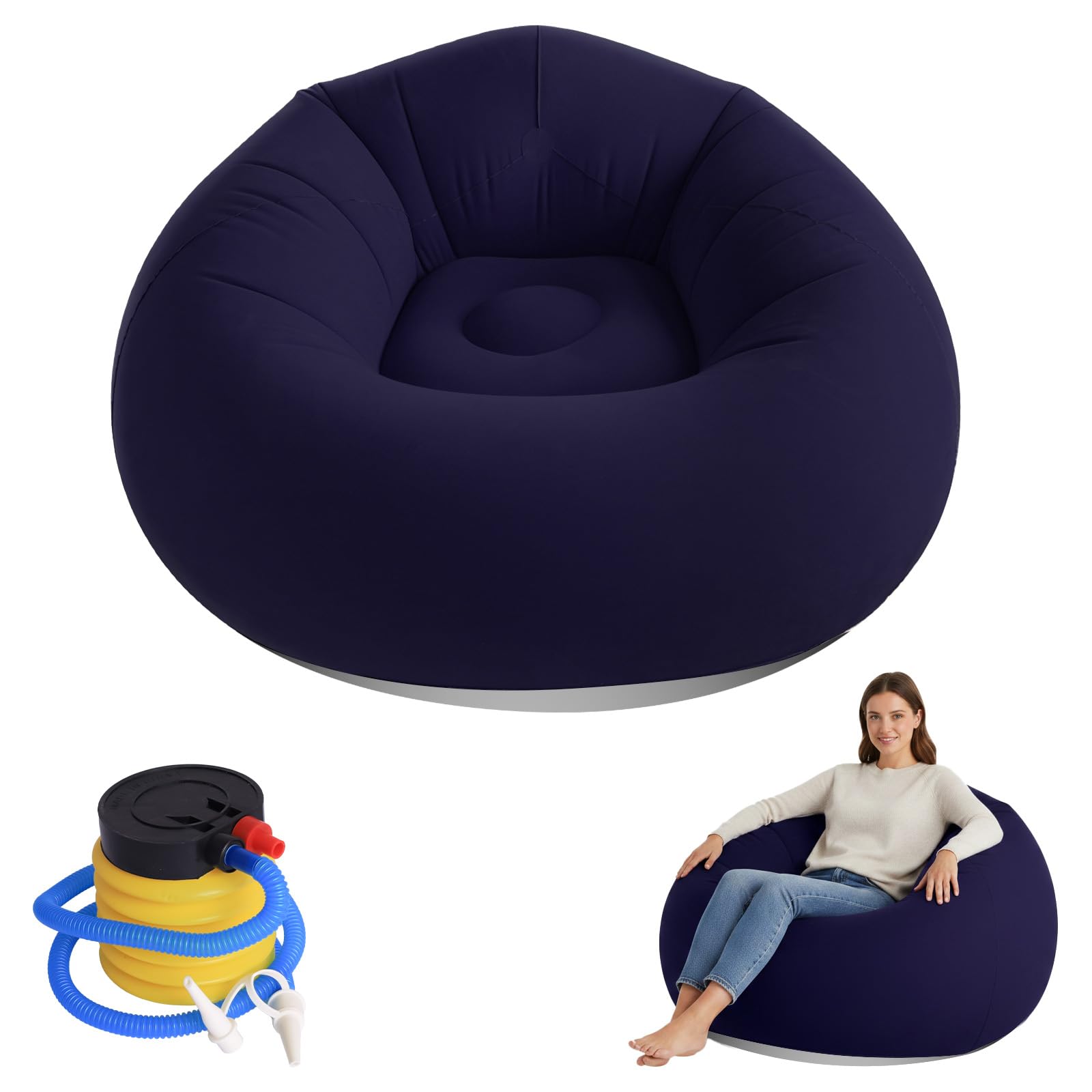 Hainue Aufblasbarer Sitzsack,Wasserdichter Aufblasbarer Sessel mit Handluftpumpe,105 x 105 x 60cm Einzelsessel, Tragbar Aufblasbarer Luftsofa für Camping, Strand, Pool und Reisen(Blau)