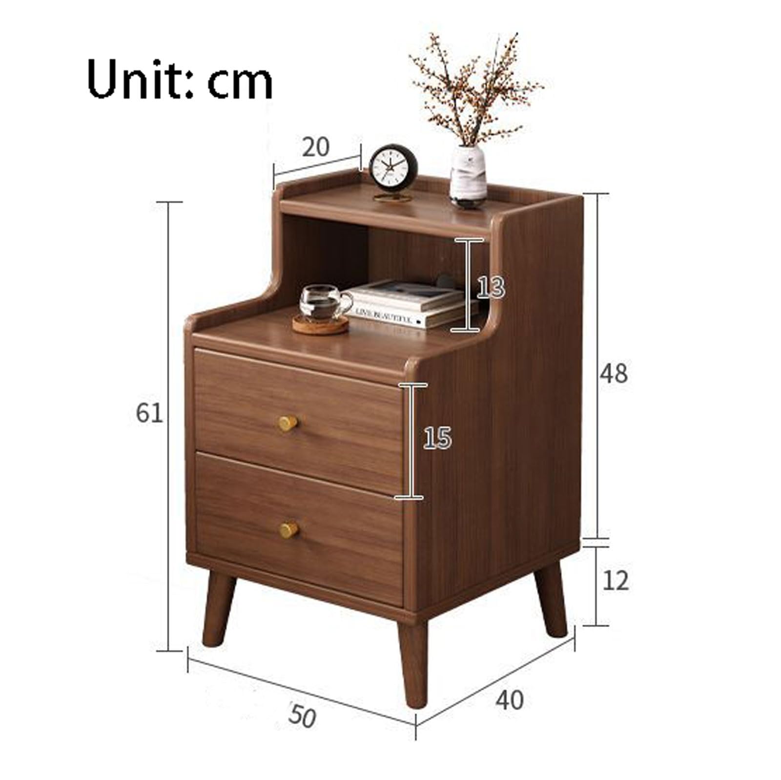 Table de Chevet en Bois Massif avec 2 tiroirs, Meuble de Rangement pour Chambre à Coucher, Salon, Bureau (chêne argenté, Fugue)