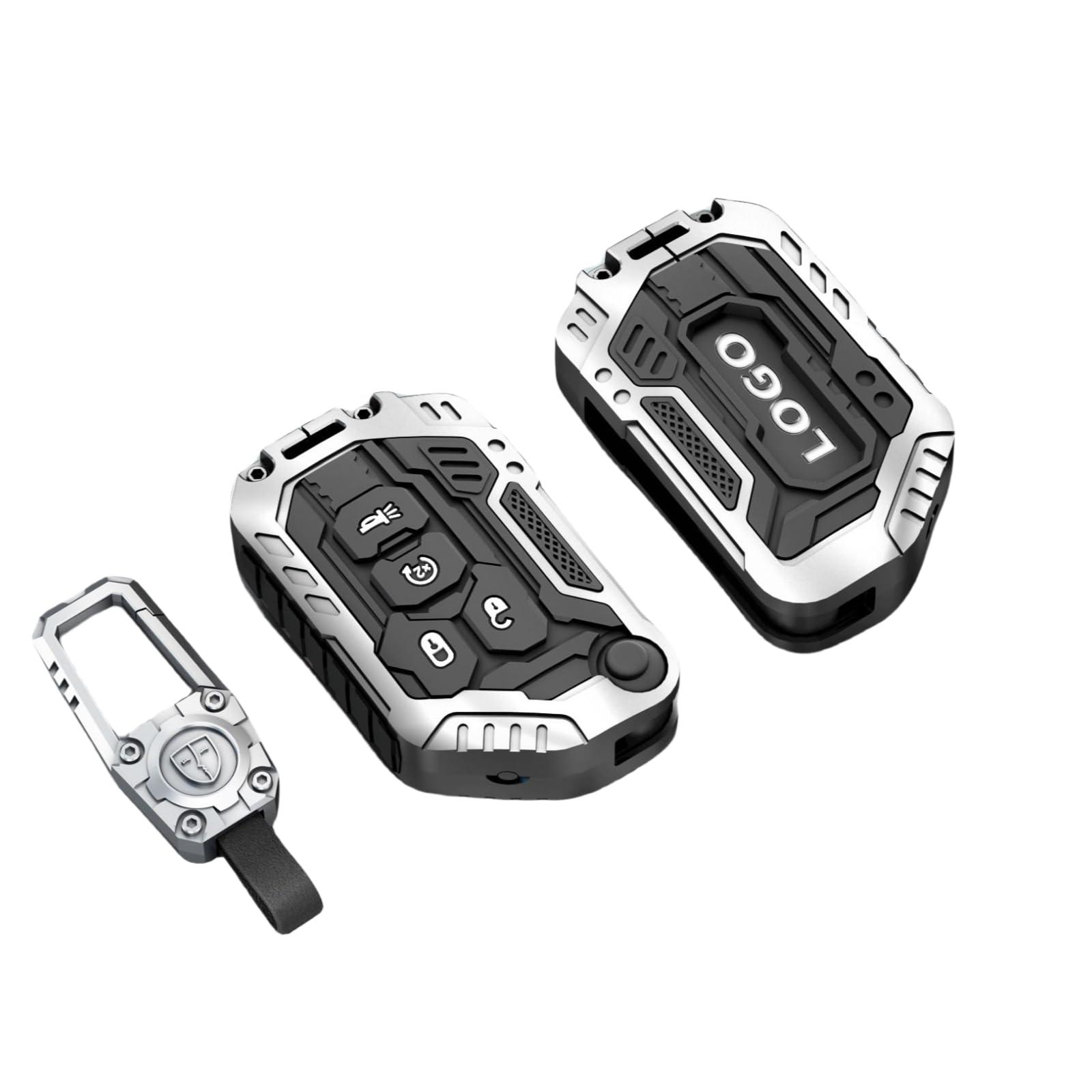 Heavy Zinc Alloy Key fob Cover, Keychain, Key Case, Accessories Compatible with 2018 2019 2020 2021 2022 2023 2024 Jeep Wrangler JL JLU Rubicon Gladiator Sahara （Model-B Silver