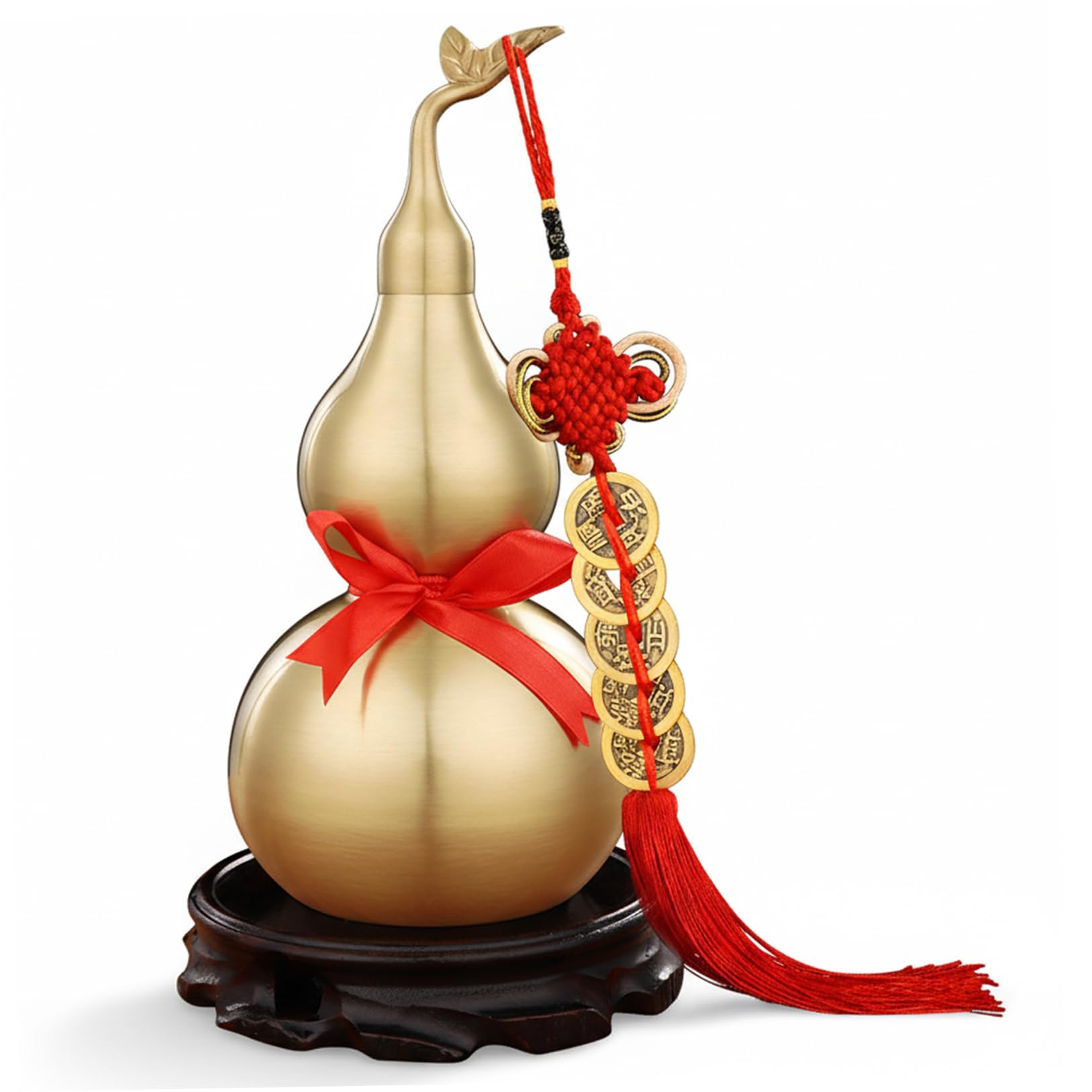 Ginwrek Good Luck Charm Brass Gourd Feng Shui Decor with Chinese Coin and Base Good Luck Charm Wu Lou for Home Office Decor
