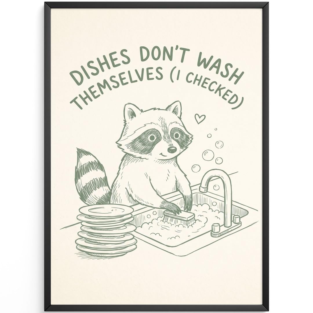 MJ-GRAPHICS® Poster Waschender Waschbär Kunstdruck humorvoll Wandbild Cartoon Stil minimalistisch Küche Deko lustig Tiermotiv Wanddeko Skizzenoptik Wohnzimmer A2 mit weißem Rahmen