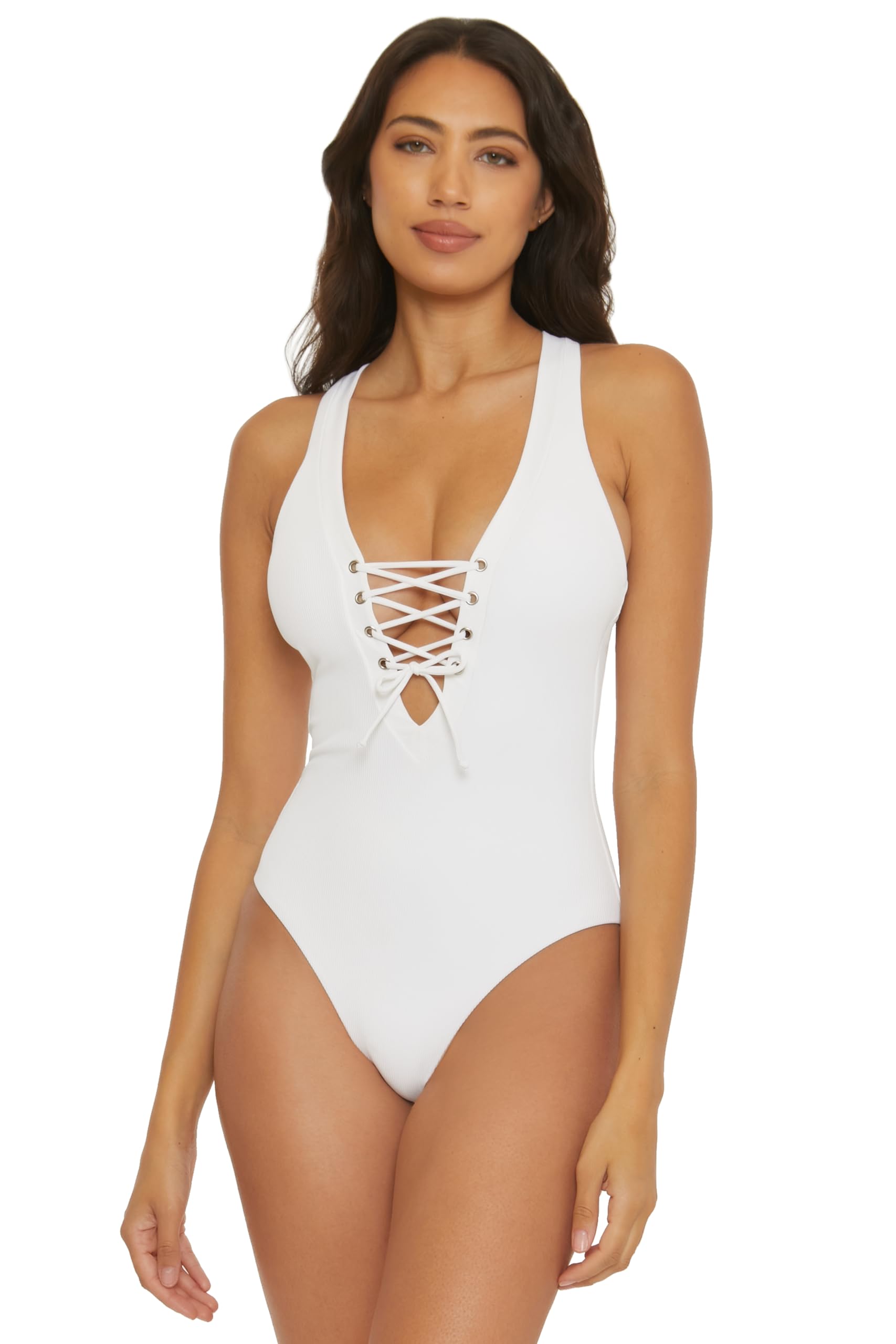 BECCA Women's Modern Edge One Piece Swimsuit, Plunge Neck, Criss Cross, Bathing Suits