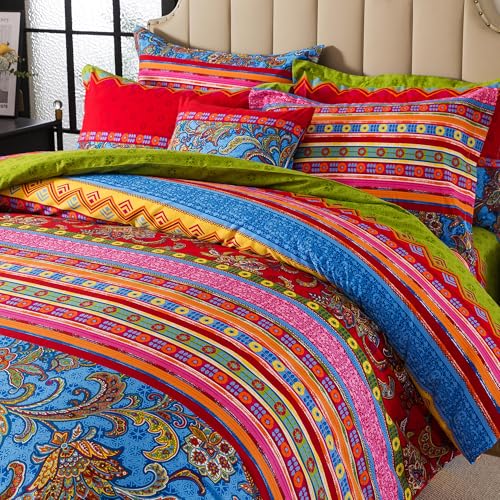 FADFAY Ethnic Boho Duvet Cover Set Queen 100% Brushed Cotton Soft Bohemian Bedding Paisley Exotic Colorful Printed Bedding Reversible Eclectic Zipper Bed Comforter Cover + 2 Pillowshams- Queen, 3Pcs
