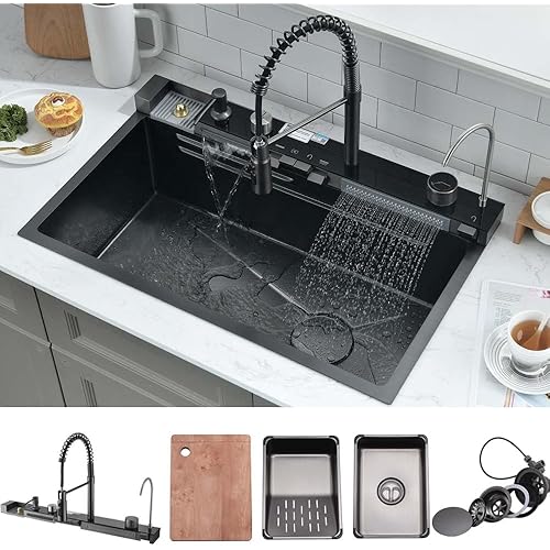 30 Inch Black Waterfall Kitchen Sink with Pull-Out Faucet Combo- Wesliv 30x18 Waterfall Sink Black Digital Display Smart Honeycomb Kitchen Sinks Deep Single Bowl with Accessories