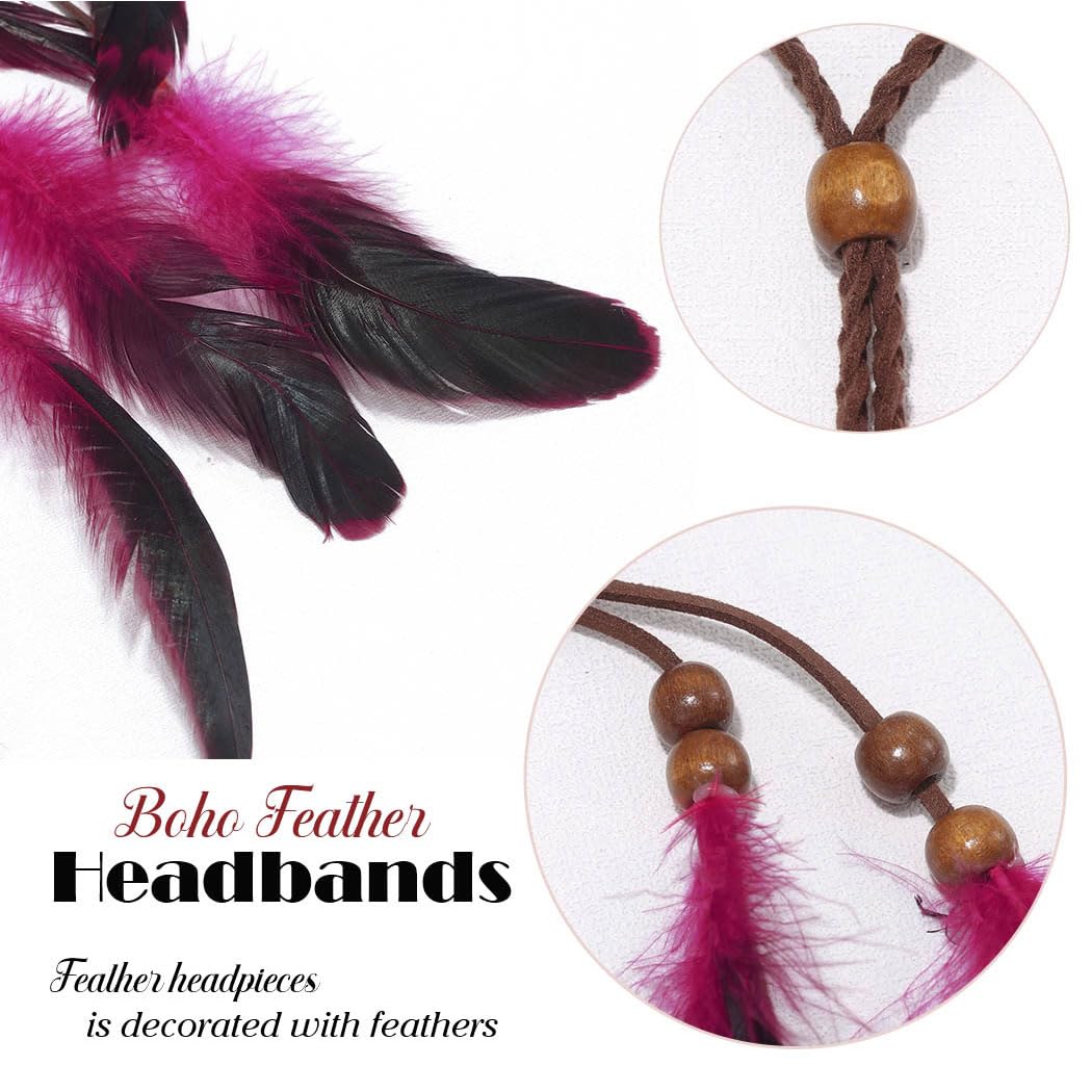 GORTIN Boho Feather Headband Hippie Headpiece Gypsy Indian Costume Headdress Hair Accessory for Women(D-Pink, One size) - Image 6