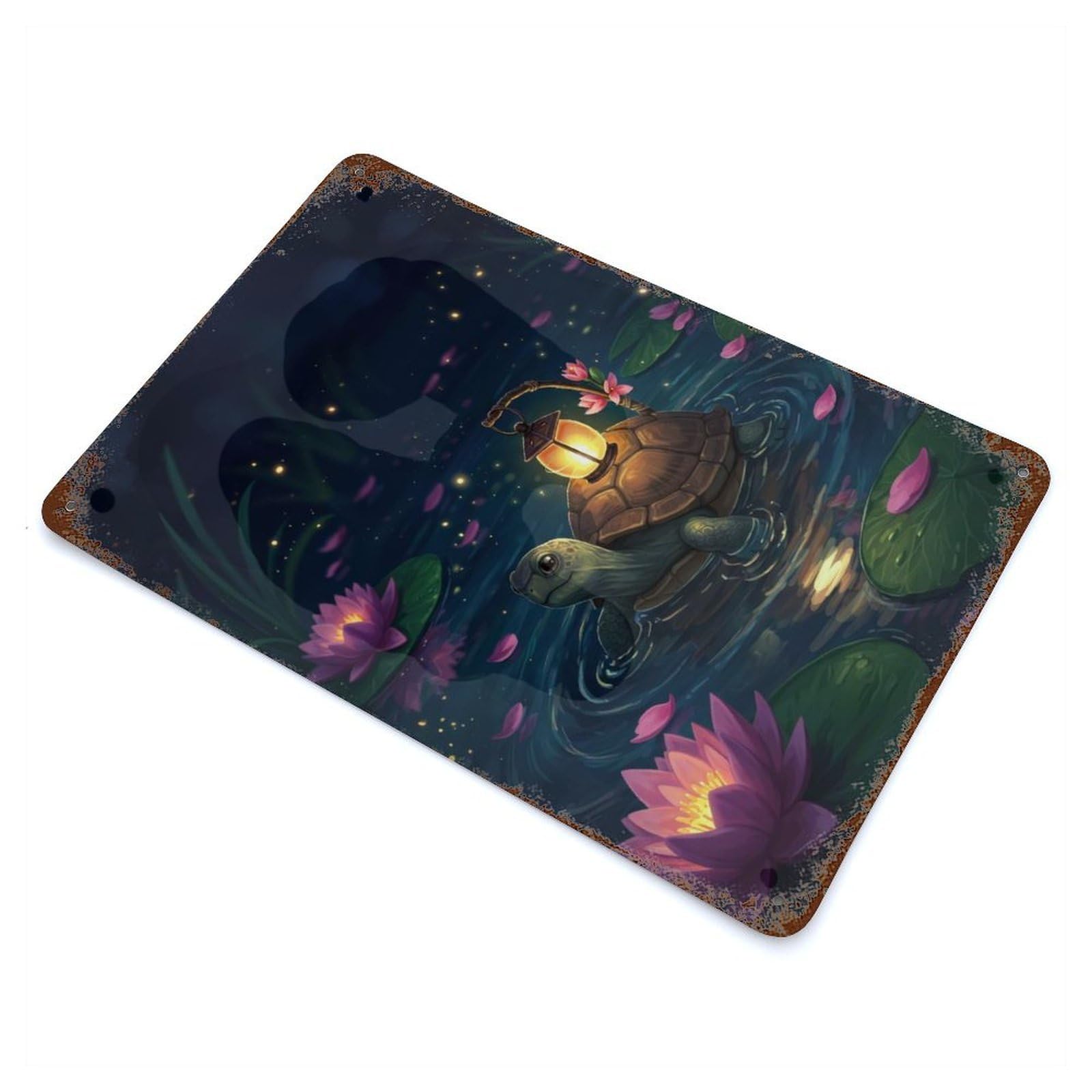 Turtle with Lantern in Lily Pond Vintage Wall Sign 11.8"x7.9", Rust Effect Metal Decor for Living Room, Hallway And Home Decor