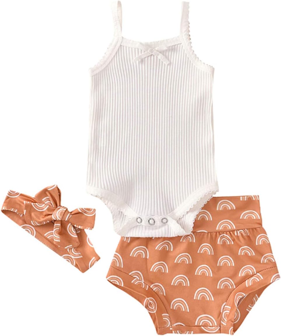 Easisim 3pcs Newborn Baby Girls Shorts Set Cotton Sleeveless Romper Jumpsuit Bodysuit +Pants Shorts+Headband Outfit Set