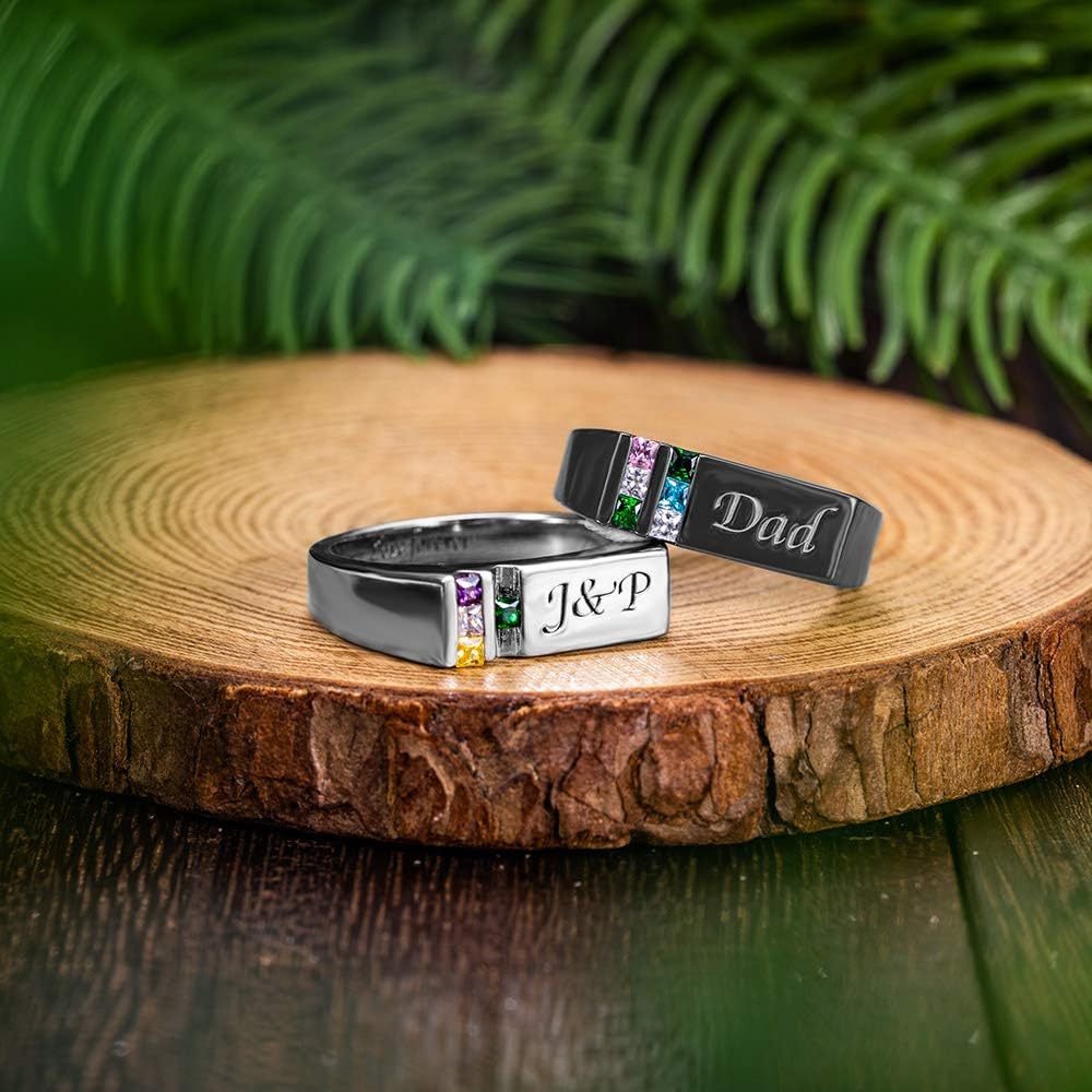 AILIN Personalized Birthstone Rings 925 Sterling Silver/Brass Custom Engraving Name Rings Birthday Jewelry Father Gifts For Husbands Dad Men From son daughter Wife-18K Black Plated Color