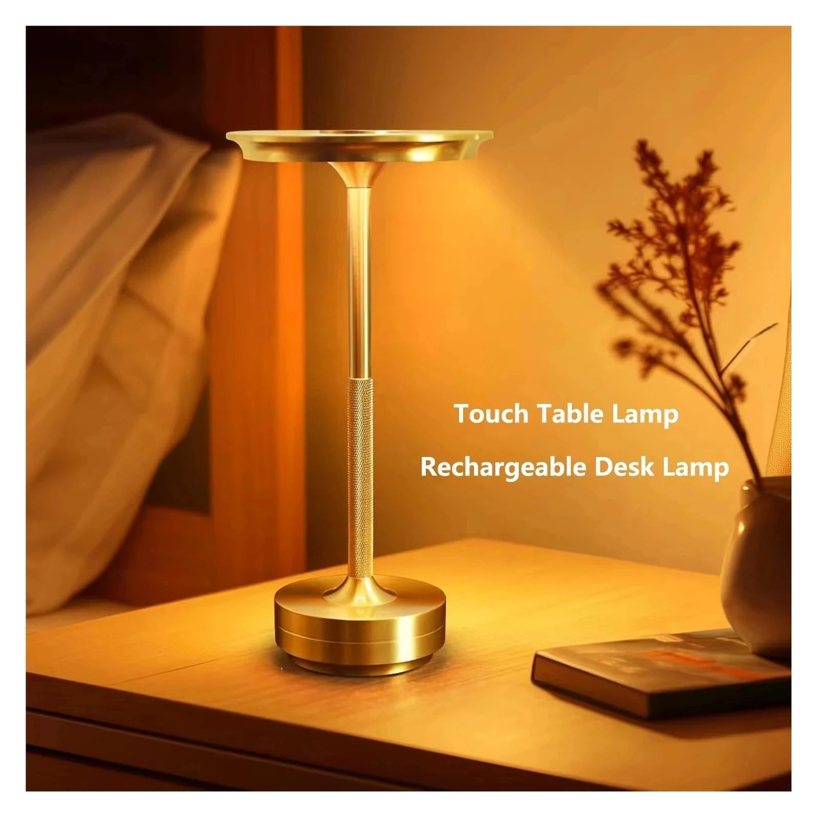 Lámpara LED decorativa simple de aleación de aluminio | Luz nocturna, atmósfera infinitamente regulable, escritorio táctil recargable(Gold)