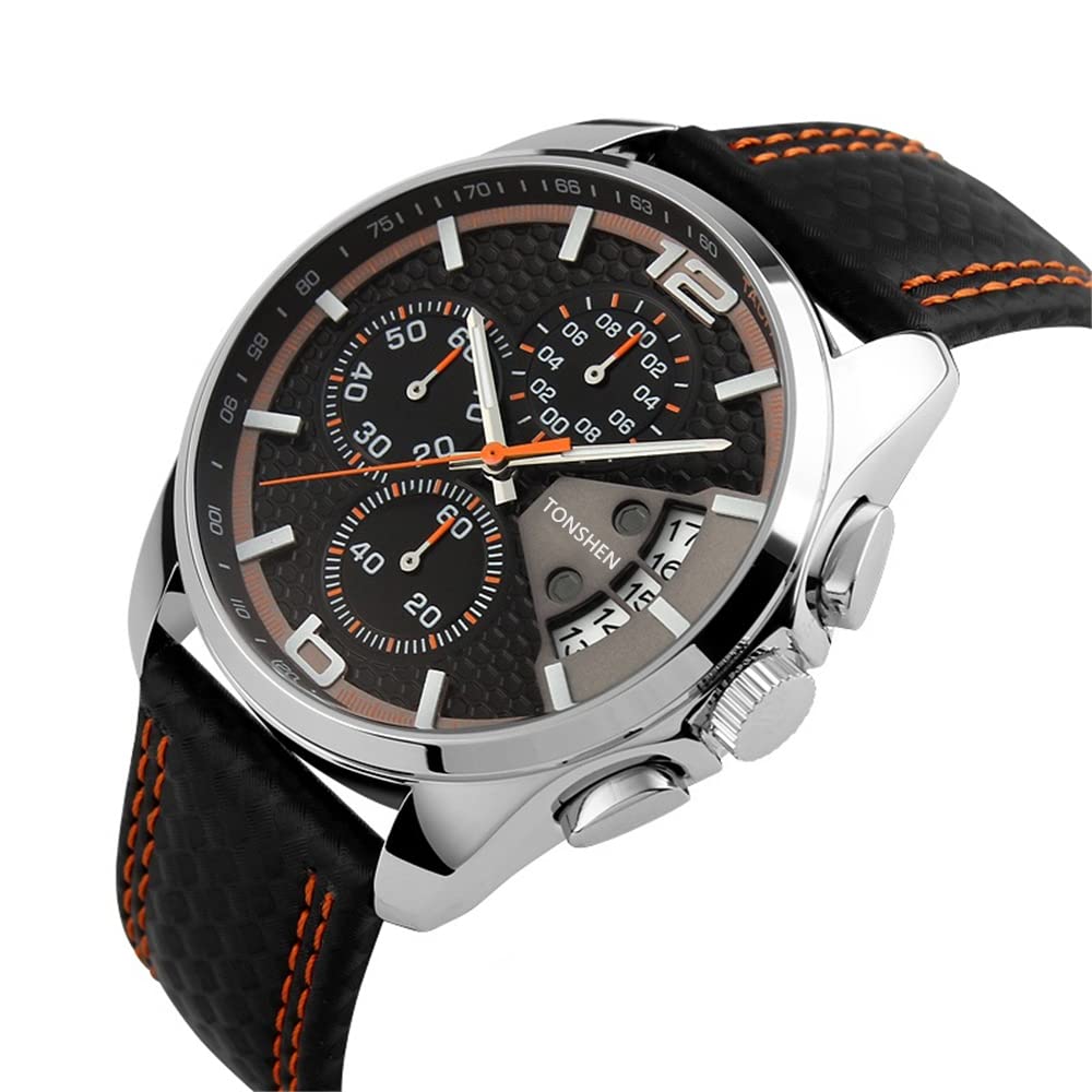 TONSHEN Relojes de Hombre Acero Inoxidable Caja y Cuero Correa Analógico Cuarzo Deportivos Relojes de Pulsera Fecha Cronómetro