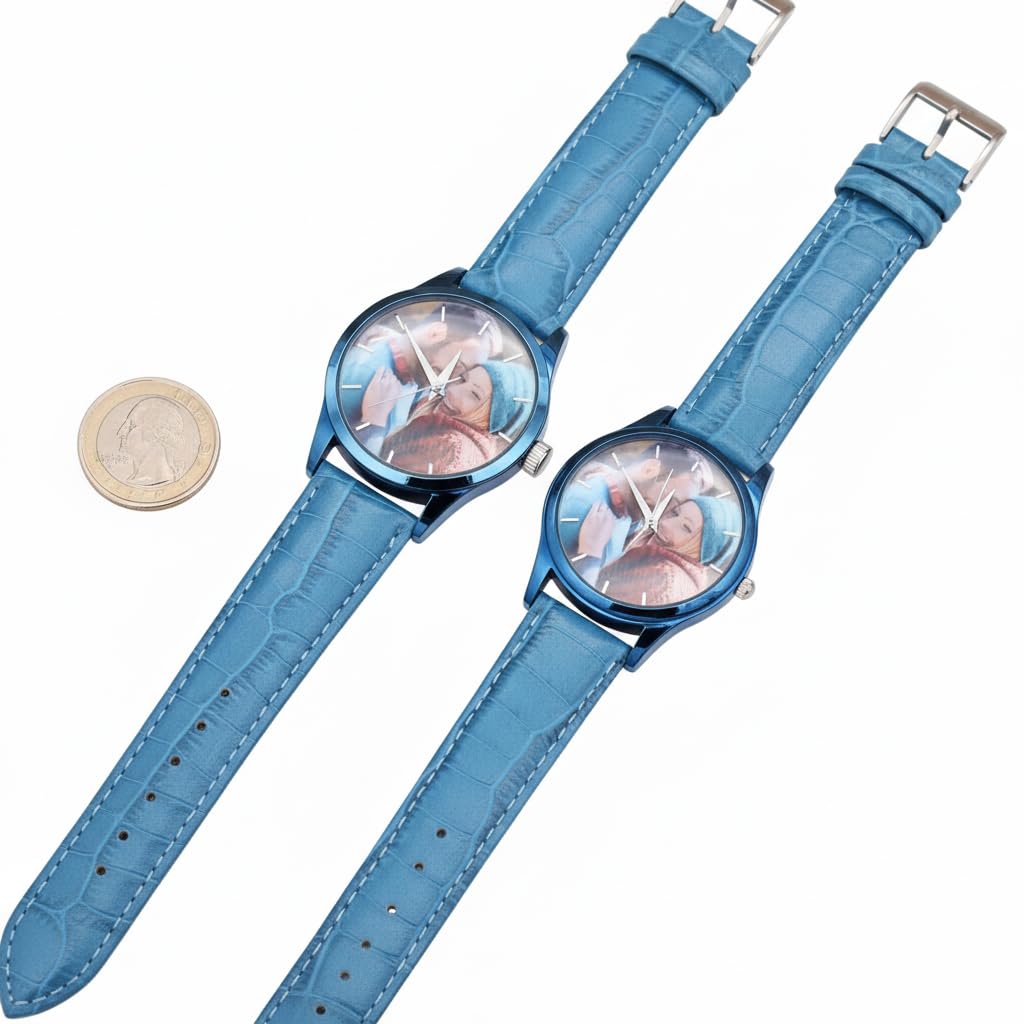 Orologio fotografico personalizzato, il retro del quadrante può essere inciso con parole. Realizzato in lega e cinturino in pelle. Resistente all'acqua. Adatto come regalo per papà, fidanzato o come
