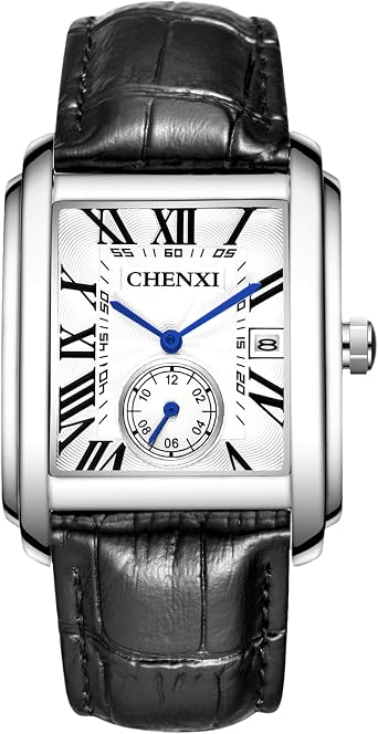 Mens Wristwatch Leather Seiko Style Watch Square Dial Hand-Wound Wristwatch Cool Watch Roman Numerals Mens Leather Strap Adjustable Wrist Accessory Black, Silver