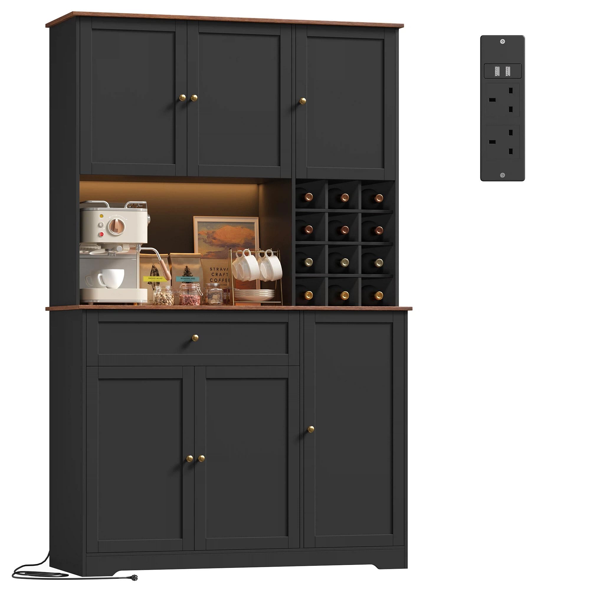 FirFurd Kitchen Cupboard Tall Kitchen Cabinets with LED, Power Outlet, Sideboard Storage Cabinet with Wine Rack for 12 Bottles, Countertop and Drawer Dining Room Furniture180x100x39cm Black