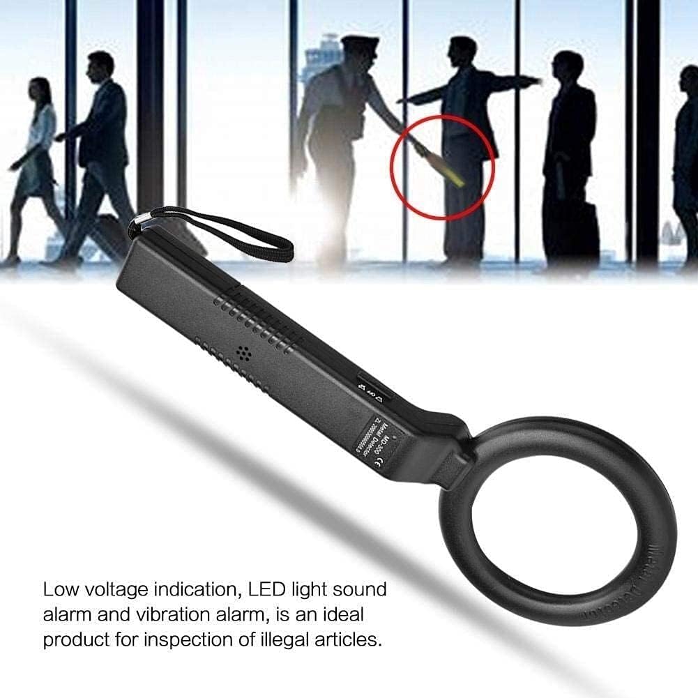 The ZHDBD MD-300 handheld metal detector with an overlay text indicating 'Low voltage indication, LED light sound alarm and vibration alarm are an ideal product for inspection of illegal articles.' The background shows people being scanned at an airport.