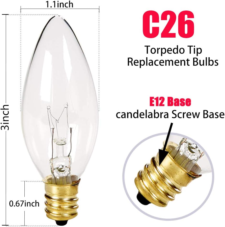 25PK Crystal Clear Torpedo Tip E12 Candelabra Light Bulbs, Transparent Candle Light Bulbs for Chandeliers, Electric Window Candle Lamps, Ceiling Fan Lights, Pendants, Fireplace - 7W - 120 V