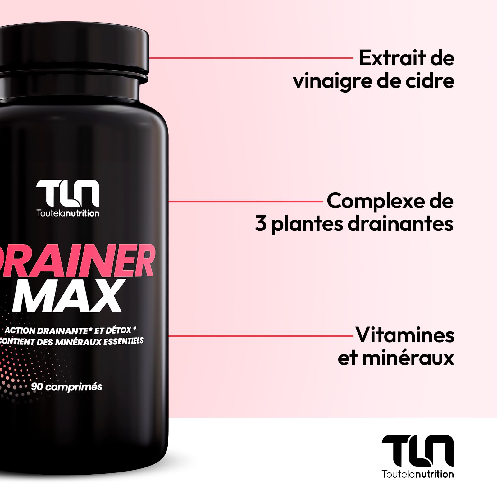 DRAINER MAX | Draineur Minceur Naturel | Avec Vinaigre de Cidre + 3 Plantes Detox : Thé Vert - Pissenlit - Prêle + 5 Minéraux | Anti-Cellulite et Rétention d’Eau | 90 comprimés | Made in France | TLN