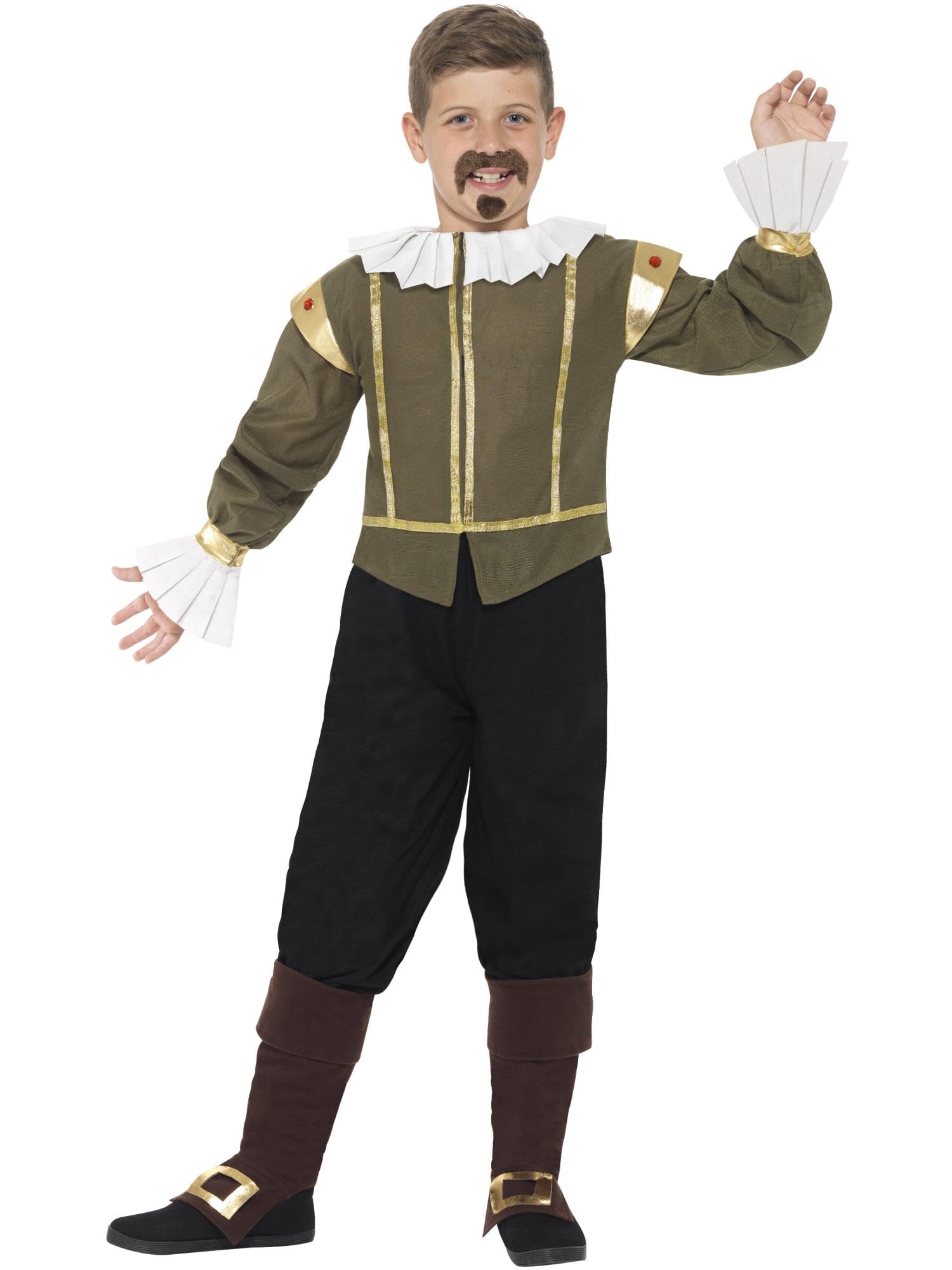 Smiffys Shakespeare Costume, Multi-Colour, Shakespeare Costume, Green Jacket, Trousers, Bootcovers, Tash & Goatee, 44077L