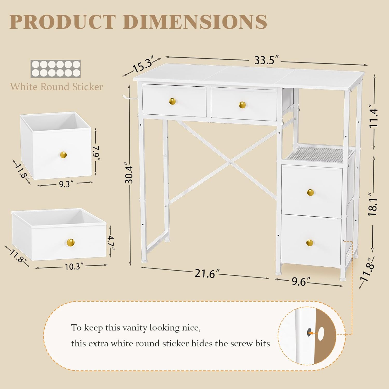 White Vanity Desk Without Mirror, Small Makeup Desk with 4 Fabric Drawers, 33.5 Inches Dressing Table with Storage, Vanity Table for Bedroom with Hook, White