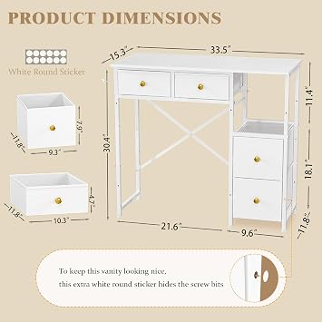 3IngSeagulls White Vanity Desk Without Mirror, Small Makeup Desk with 4 Fabric Drawers, 33.5 Inches Dressing Table with Storage, Vanity Table for Bedroom with Hook, White