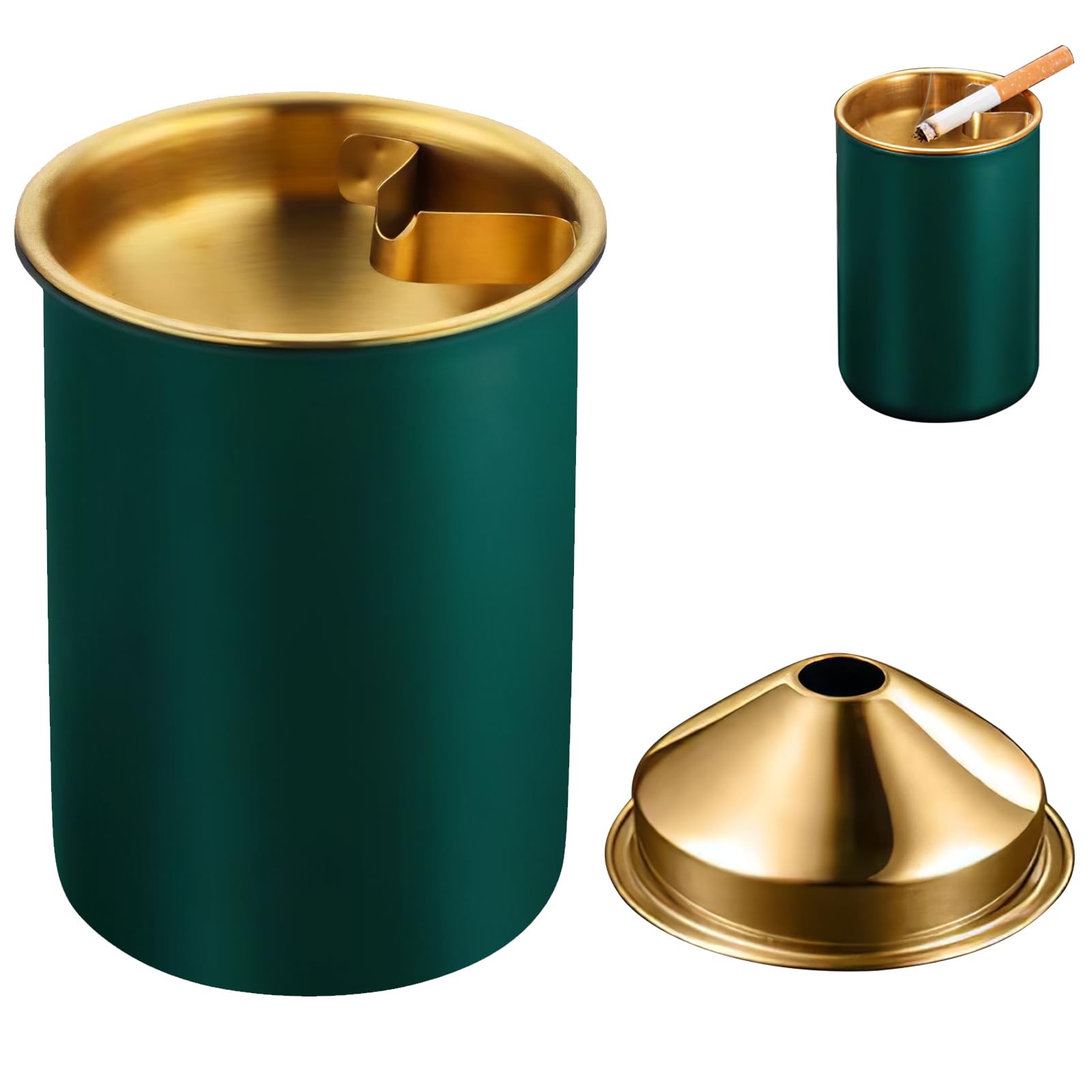 Ash Tray with Lid & Cigarette Holder, Stainless Steel Green Ashtray for Home & Car, Fits on Tables & Cup Holders, Durable Windproof Ashtray with Funnel Lid