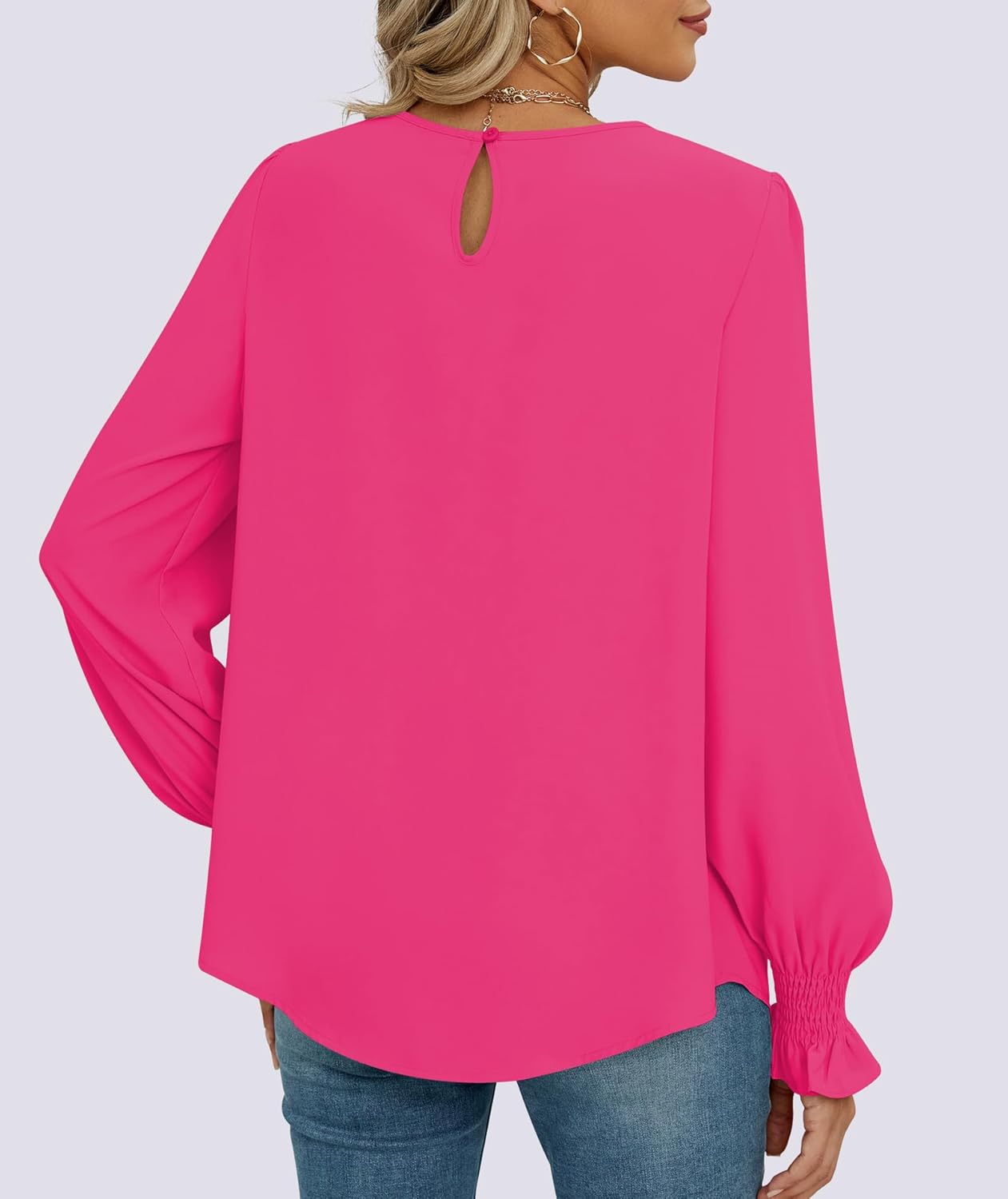 Funlingo Womens Tops Dressy Casual Smocked Long Sleeve Shirts Crew Neck Loose Chiffon Tunics Office Work Blouses - Image 5