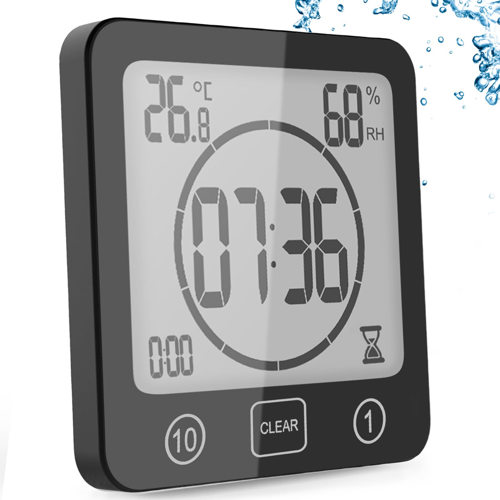 Yichzhe Black Bathroom Alarm Clock Bath Timer Waterproof Digital Bathroom Clock Shower With Hygrometer And Thermometer, Lcd Display, Countdown Timer, For Shower, Kitchen, Family Everyday,