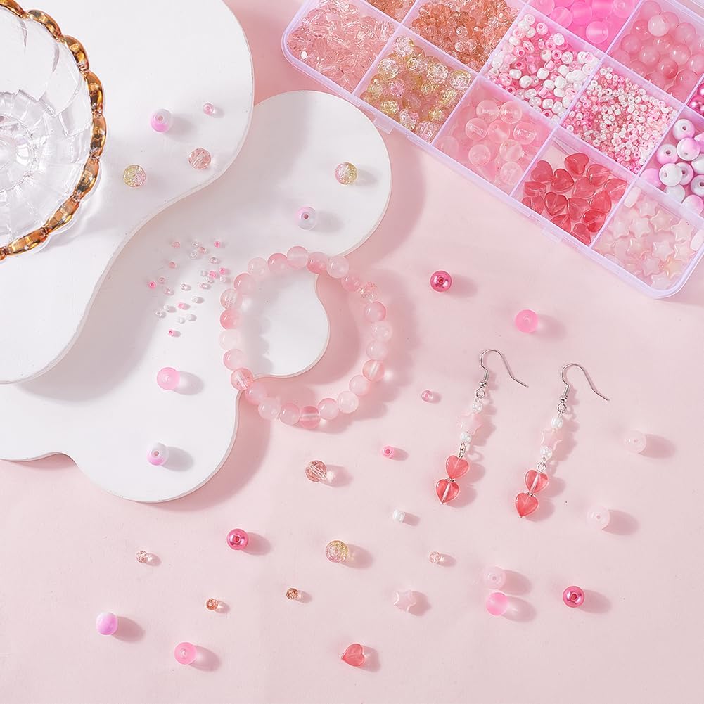 1 Box 22 Styles Pink Glass Beads Bulk Assorted Crystal Beads Valentine's Day Wedding Start Heart Transparent Frosted Seed Beads for Jewelry Making Necklace Bracelet Earring DIY Craft Supplies