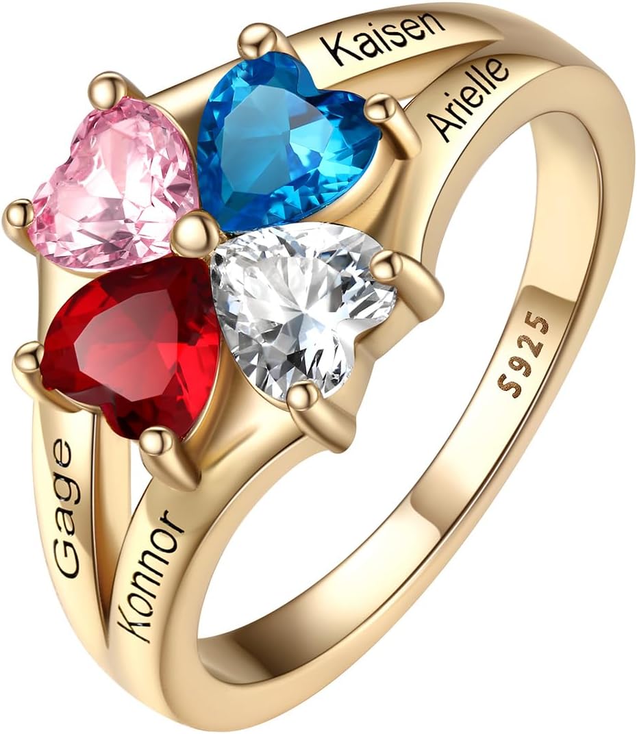 Bestyle Personalized 1-4 Heart Birthstone Rings for Women - Sterling Silver Custom Engraved Promise Rings, Birthstone Mothers Ring Gift for Mom, Wife (Wedding, Valentines, Mothers Day)