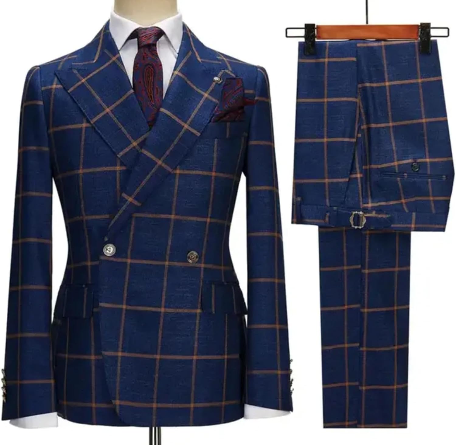 Men's 2 Pieces Check Plaid Suit Double Breasted Jacket Formal Dress Party Prom Tuxedos Set