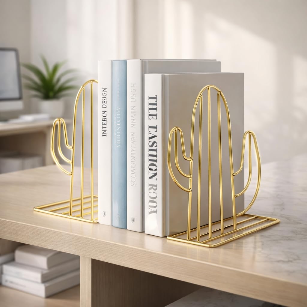 Decorative Metal Bookends for Shelves | Gold Cactus Book Stand Shelf Organizer | Modern Book Ends for Home, Office & Study | Set of 2-image-11