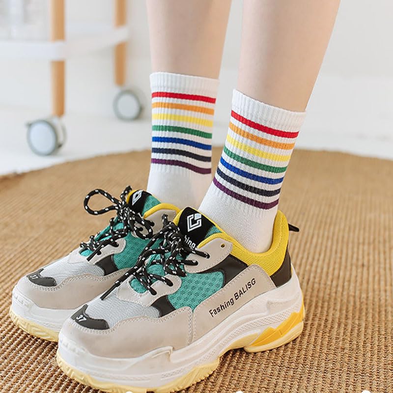 6Pair Stylish Mid-Calf Rainbow Color Stripes Crew Socks Ultra-Breathable Moisture-Wicking Arch Support Anti-Odor Comfortable Sports Socks for Unisex3