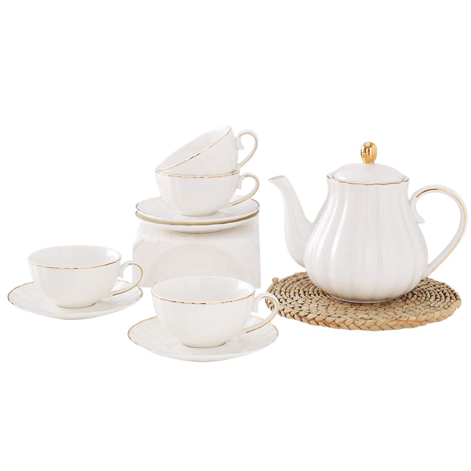 Zestaw do herbaty dla dorosłych – biały porcelanowy czajniczek z filiżankami i spodkami, elegancki design do serwowania herbaty lub kawy, idealny do rozrywki lub codziennego użytku