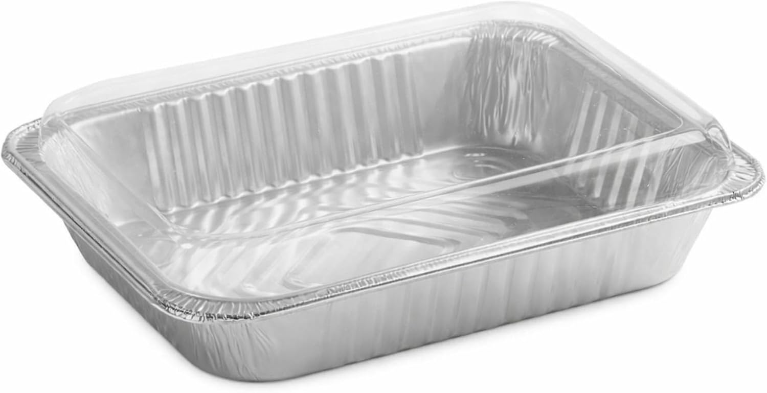 9×13 Deep Half Size Regular Weight Aluminum Pan With Dome Lids | Heavy Duty Foil Trays for Baking Roasting Meal Prep | Food Containers for Parties Storage Cooking | 50 Count