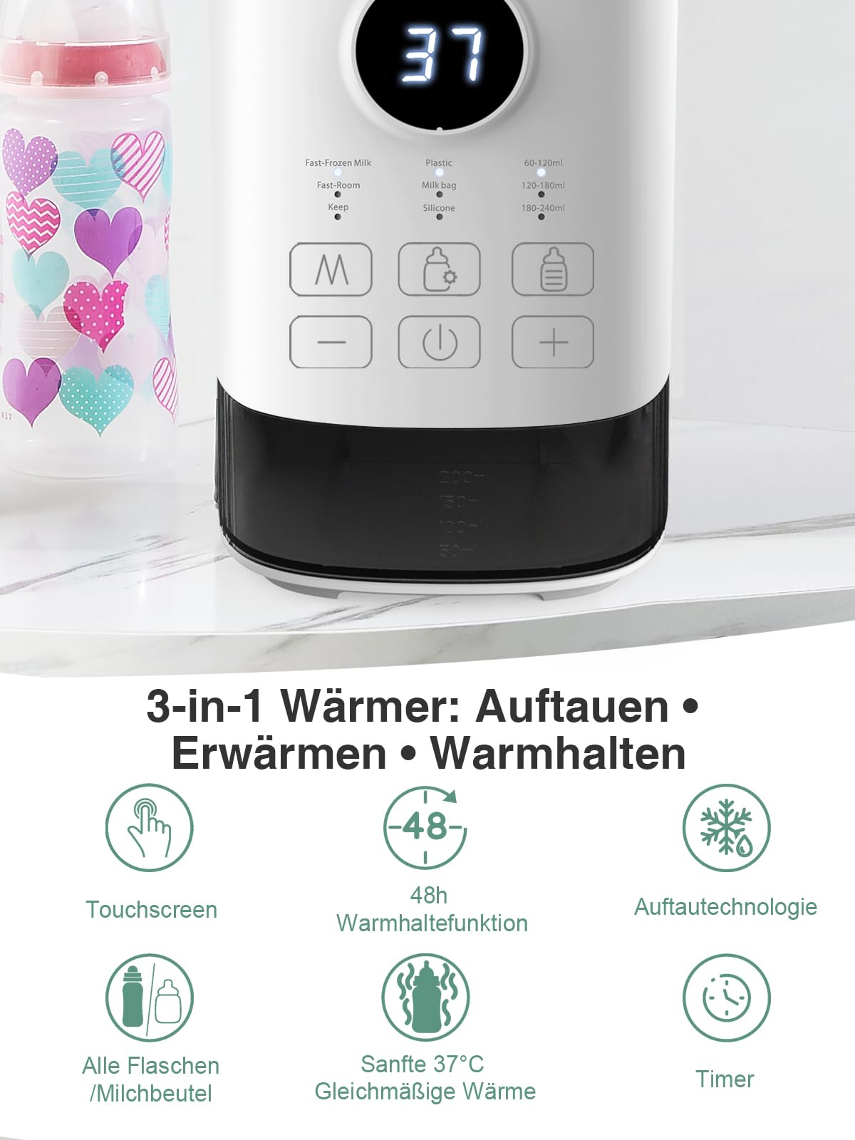 Flaschenwärmer Baby - Babyflaschenwärmer mit temperatur- Flaschenwärmer - Passend Für Alle Handelsüblichen Babyflaschen - Baby Bottle Warmer for Breastmilk & Milk (Weiß)