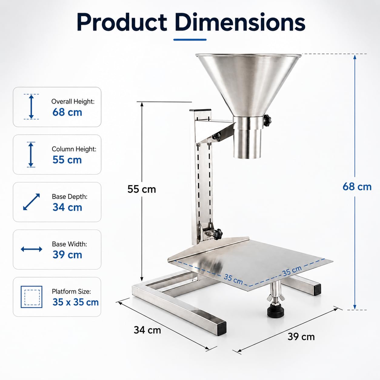 Einstellbarer Futtertrichter mit Halterung und Tablett, Verpackungszufuhr für Fertiggerichte, Pulver, Flüssigkeit, Granulat